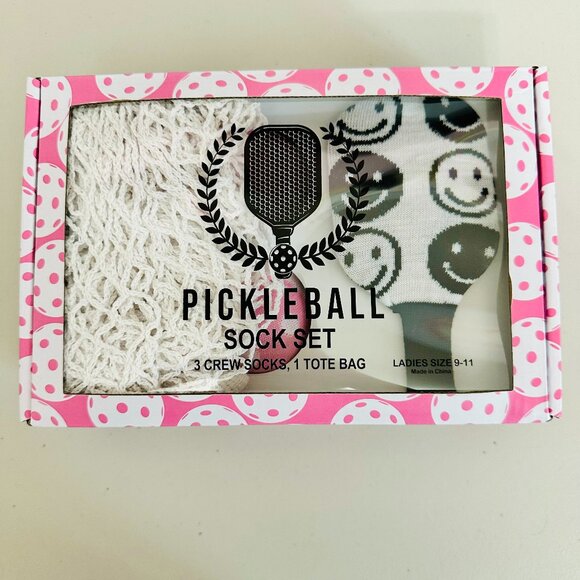 PICKLEBALL 3 PAIRS CREW SOCKS SIZE 9-11 AND 1 TOTE BAG GIFT SET WHITE PINK BLACK - Picture 1 of 6